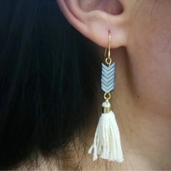 Chevron Tassel Earrings Boho Stone Hematite - Picture 7 of 8